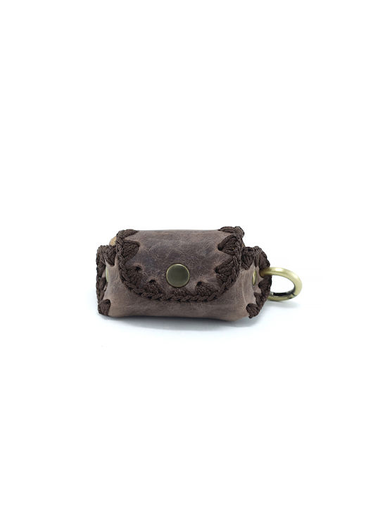 Key ring bag with clasp in genuine brown waxed leather