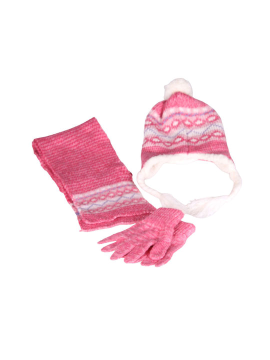 Children's set of scarf, cap and gloves 75% acrylic 20% wool and 5% elastic one size pink white