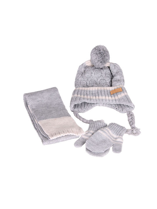 Children's set of scarf, cap and gloves 100% acrylic with fur lining one size grey beige