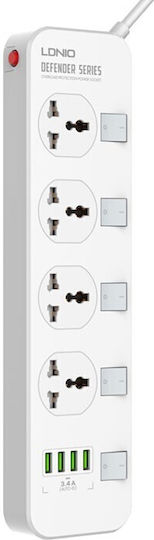 Ldnio Πολύπριζο 4 Θέσεων με 4 USB-A, Διακόπτη και Καλώδιο 2m