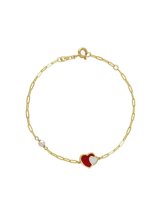 Bracelet with pearl and double heart, gold K9 (375°)