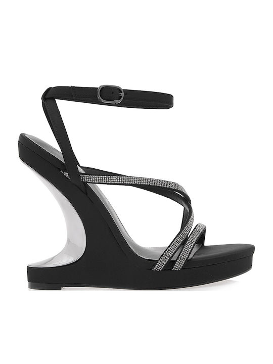 Fabric Women's Sandals with Strass Black with Chunky High Heel