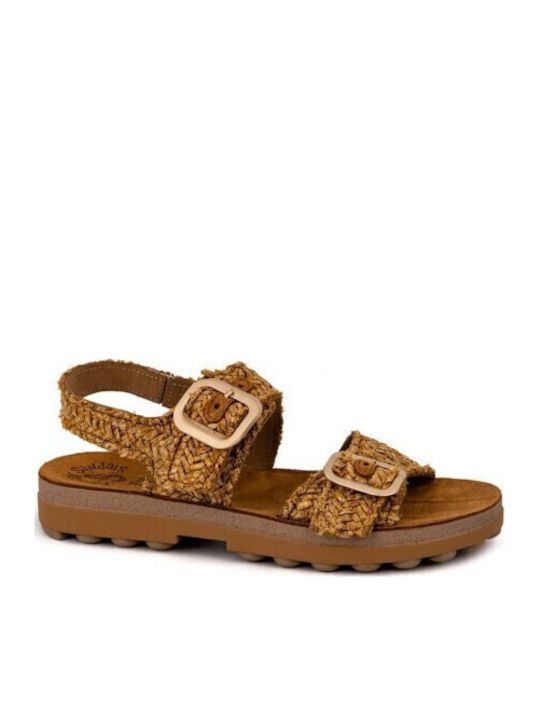 Leather Women's Flat Sandals with Strap in Tabac Brown Color