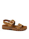 Leather Women's Flat Sandals with Strap in Tabac Brown Color