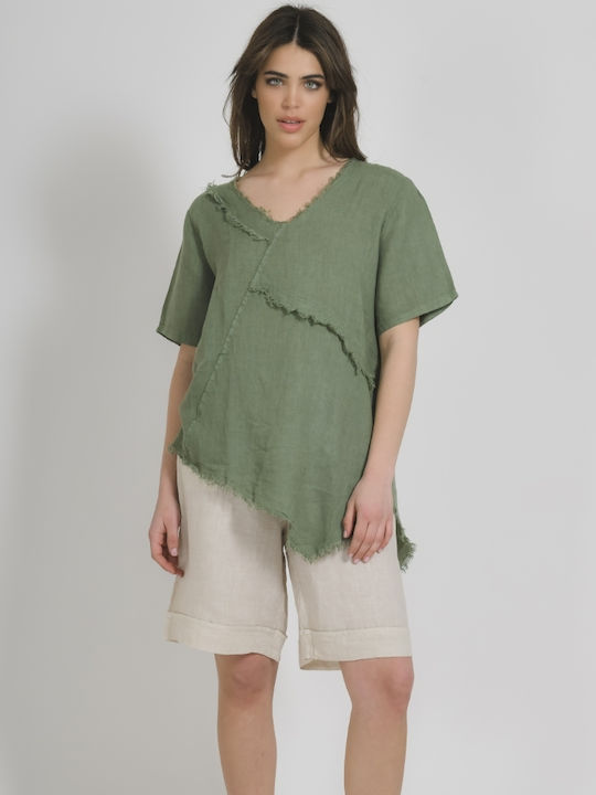 Ble Resort Collection Damen Sommer Bluse Leinen Kurzärmelig Khaki