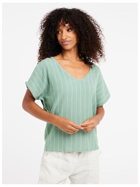 Women's Summer Blouse Short Sleeve Striped Green