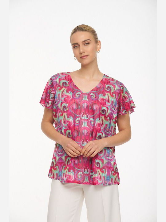 Veto Damen Sommer Bluse Kurzärmelig mit V-Ausschnitt Fuchsie