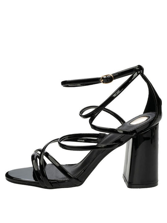 J&C Synthetic Leather Women's Sandals with Ankle Strap Black with Chunky High Heel