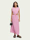 Draped Structured Shoulder Καλοκαιρινό Midi Φόρεμα Ροζ
