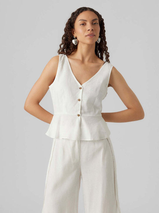 Vero Moda Damen Sommerliche Bluse Ärmellos mit V-Ausschnitt Weiß