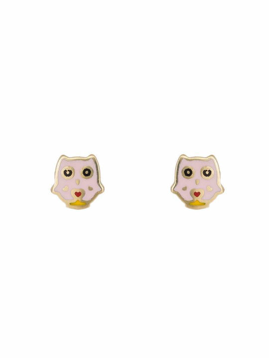 14K Gold children's owl earrings with pink enamel 046009 046009 14 Carat Gold