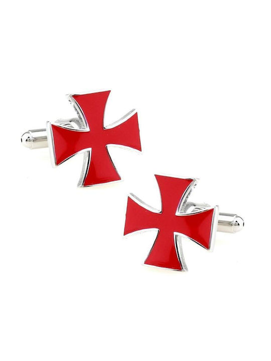 Herrenmanschettenknöpfe Original Herrenmode Manschettenknöpfe aus Stahl in Silber und rotem Kreuz Tempelritter Rotes Kreuz