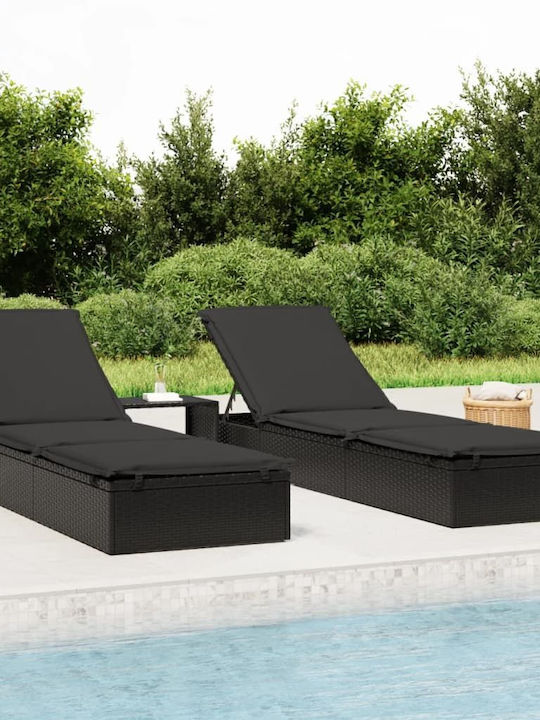 Liegestuhl-Bett Einzel Rattan mit Kissen Schwarz mit Tisch 201x55x20cm.