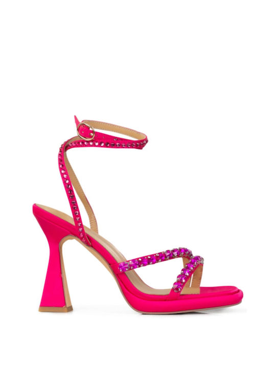Alma en Pena Fabric Women's Sandals with Strass & Ankle Strap Fuchsia
