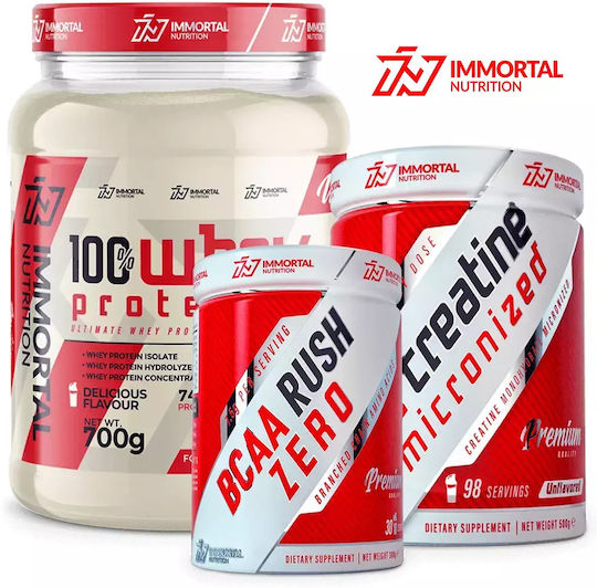 Immortal Nutrition 100% Whey Protein 100% суроватъчен протеин 700gr банан, BCAA Rush 300gr ягода и Epic Creatine 500gr без аромат