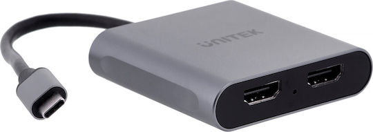 Unitek Μετατροπέας USB-C male σε HDMI 2x female Γκρι 1τμχ V1404B