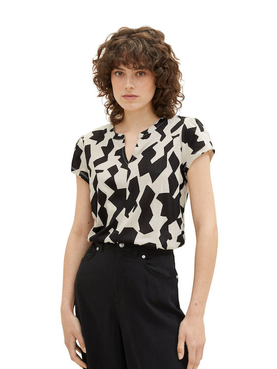 Tom Tailor Damen Sommer Bluse Baumwolle Kurzärmelig mit V-Ausschnitt Black Big Abstract