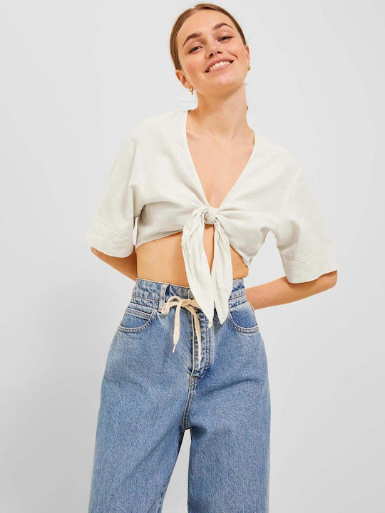 Jack & Jones pentru Femei de Vară Crop Top din Bumbac cu Mâneci Scurte Alb