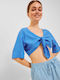 Jack & Jones pentru Femei de Vară Crop Top din In cu Mâneci Scurte Albastru