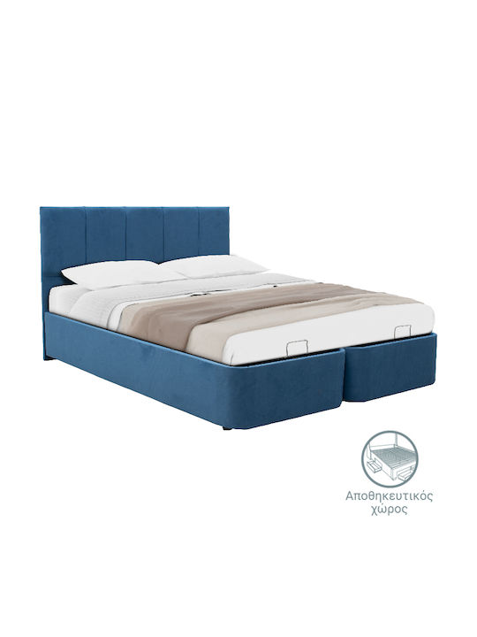 Cassian Κρεβάτι Διπλό Επενδυμένο με Ύφασμα Γαλάζιο με Αποθηκευτικό Χώρο & Τάβλες 150x200cm