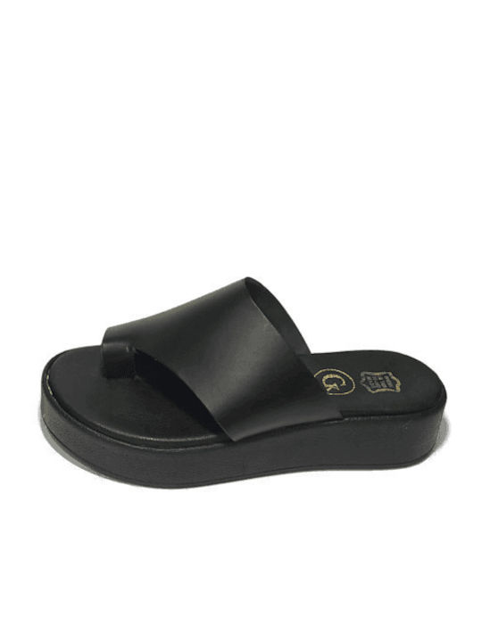 Gk Shoes Leather Women's Flat Sandals Flatforms in Black Color