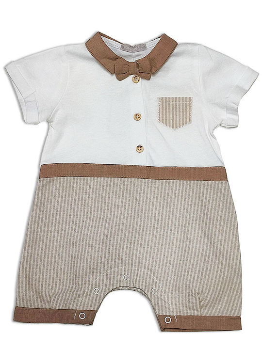 Baby summer overalls with striped collar white-beige for boys (3-9 months)