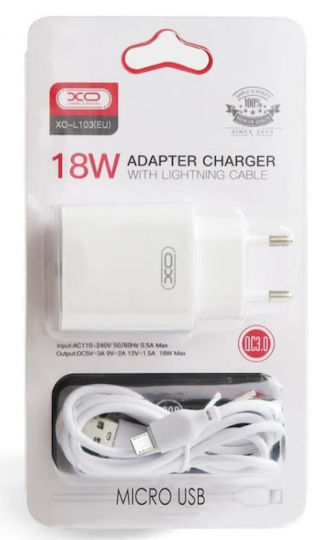 XO Φορτιστής με Θύρα USB-A και Καλώδιο micro USB 18W Quick Charge 3.0 Λευκός (L103)