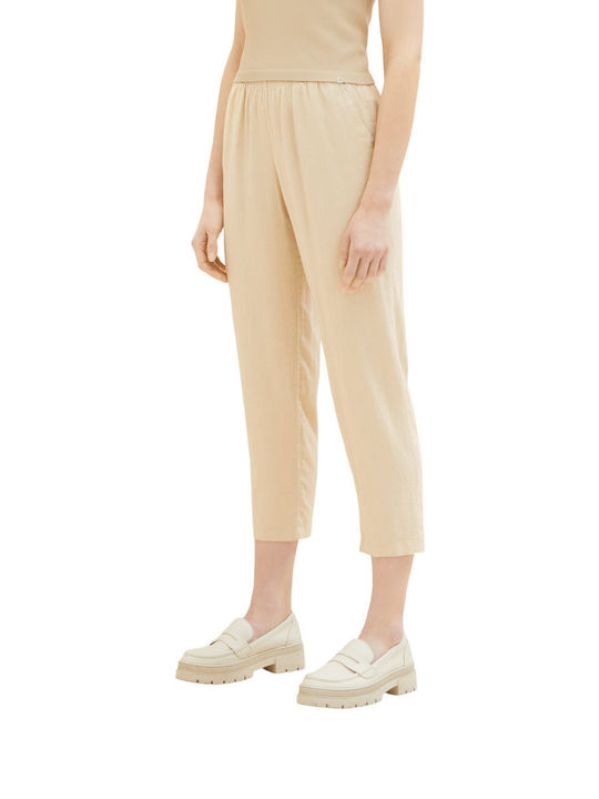 Tom Tailor Women's Fabric Trousers with Elastic in Tapered Line Beige