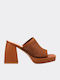 Leather Mules with Chunky High Heel in Tabac Brown Color