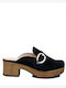 -P Suede Mules with Chunky Low Heel in Black Color