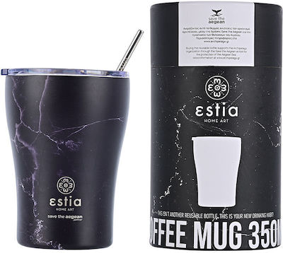 Estia Coffee Mug Save The Aegean Sticlă Termos Oțel inoxidabil Fără BPA Negru 350ml cu Paie
