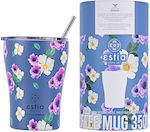 Estia Coffee Mug Save The Aegean Sticlă Termos Oțel inoxidabil Fără BPA Albastru 350ml cu Paie