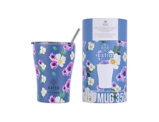 Estia Coffee Mug Save The Aegean Recyclable Glass Thermos Stainless Steel BPA Free 350ml Garden Blue with Straw