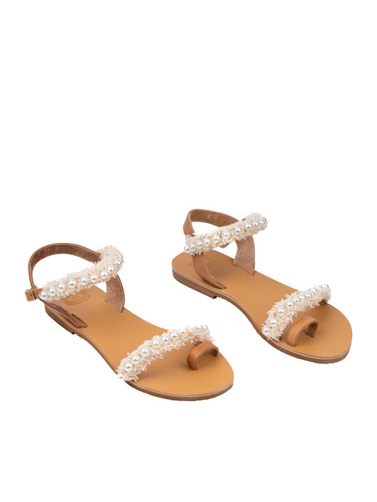 Leather Women's Flat Sandals with Strap in White Color