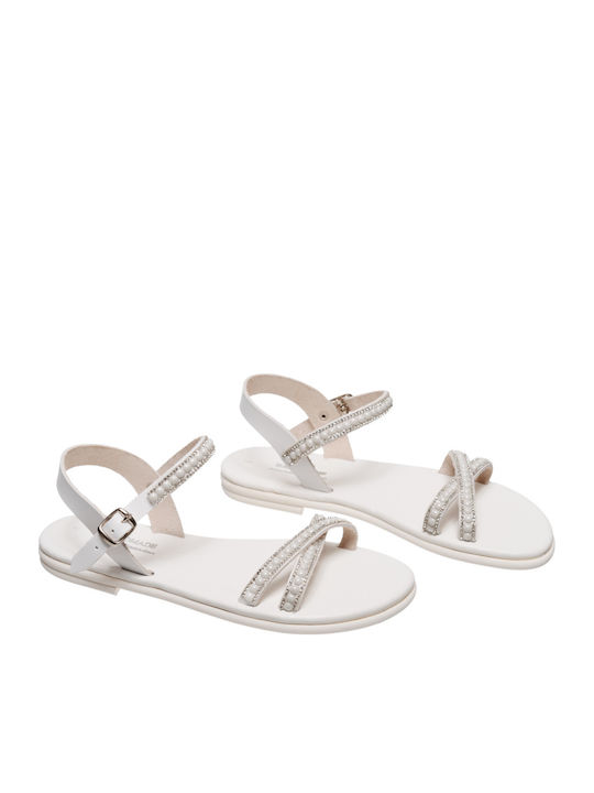 Leather Women's Flat Sandals with Strap in White Color