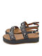 Leather Women's Flat Sandals Flatforms in Black Color