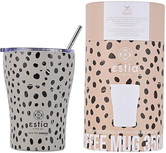 Estia Coffee Mug Save The Aegean Recyclable Thermos Stainless Steel BPA Free 350ml Leopard Taupe with Straw