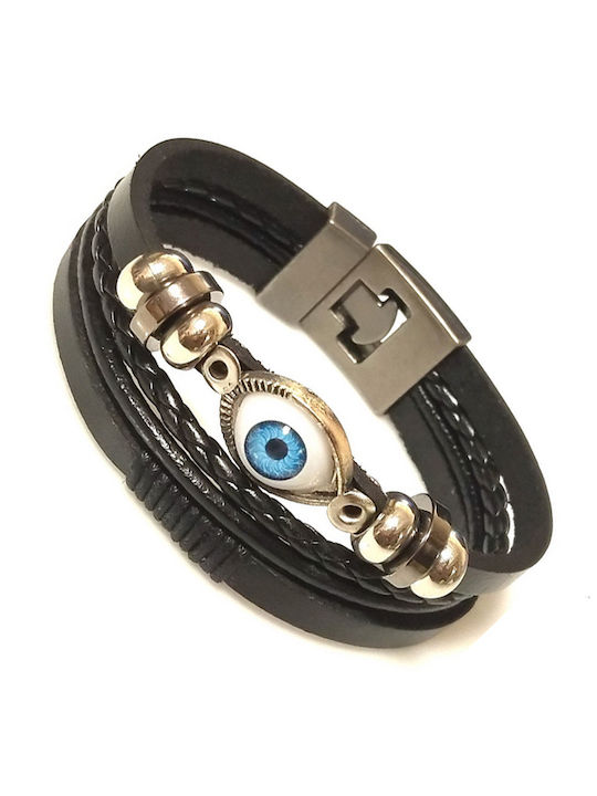 Men's leather bracelet with charms and eye ,black,steel.