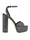 Platform Fabric Women's Sandals with Strass & Ankle Strap Black
