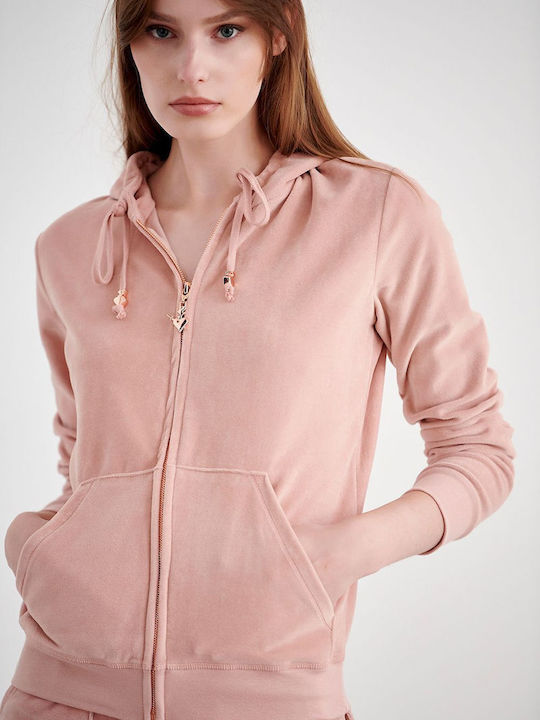 SugarFree Women's Hooded Velvet Cardigan Pink