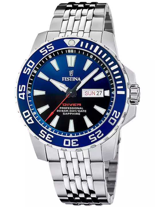 Festina Ανδρικό Ρολόι 45mm Μπαταρίας με Ασημί Μ...