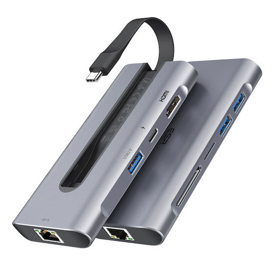 ESR 8-in-1 USB-C Docking Station with HDMI 4K PD Ethernet and Support for 2 Monitors Gray
