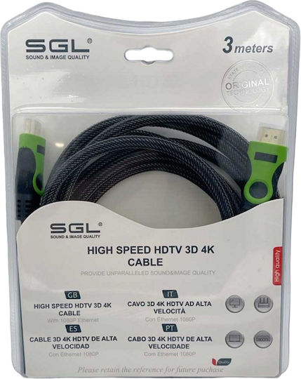 SGL HDMI 1.4 High Speed 1080p 120Hz Braided Cable HDMI male - HDMI male 3m Μαύρο