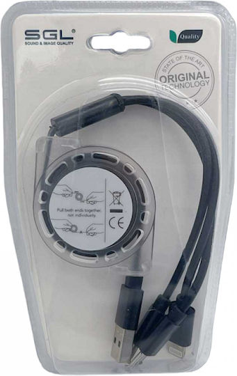 SGL E3 Подвижен USB към Lightning / Type-C / micro USB Кабел Черен 1.2м (099408)