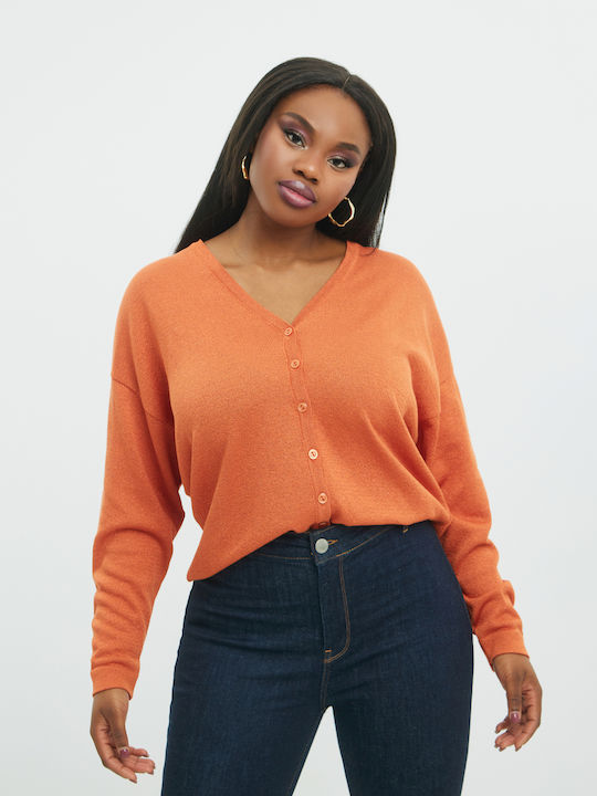 Mat Fashion Plus Size Γυναικεία Πλεκτή Ζακέτα σε Πορτοκαλί Χρώμα