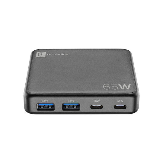 Cellular Line Βάση Φόρτισης με 2 Θύρες USB-A και 2 Θύρες USB-C 65W σε Μαύρο χρώμα (ACHUSBGAN4PD65WK)