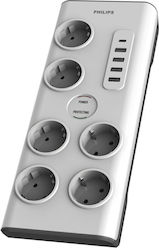 Philips Steckdosenleiste mit Überspannungsschutz 6 Steckdosen mit Schalter, 5 Steckplätze USB und Kabel 2m Weiß