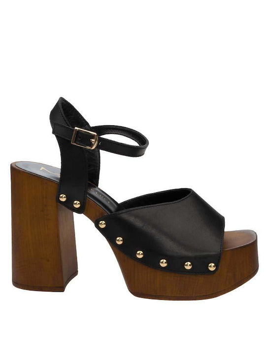 Mille Luci Platform Leather Women's Sandals with Ankle Strap White/Black with Chunky High Heel