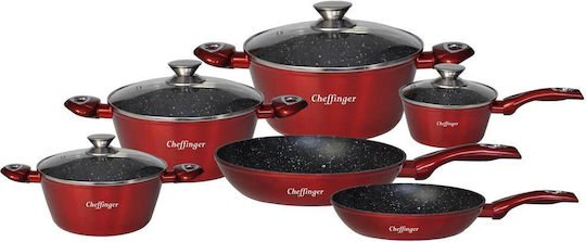 Cheffinger Cookware Set Made of Aluminum Red with Non-stick Coating 6 Pieces