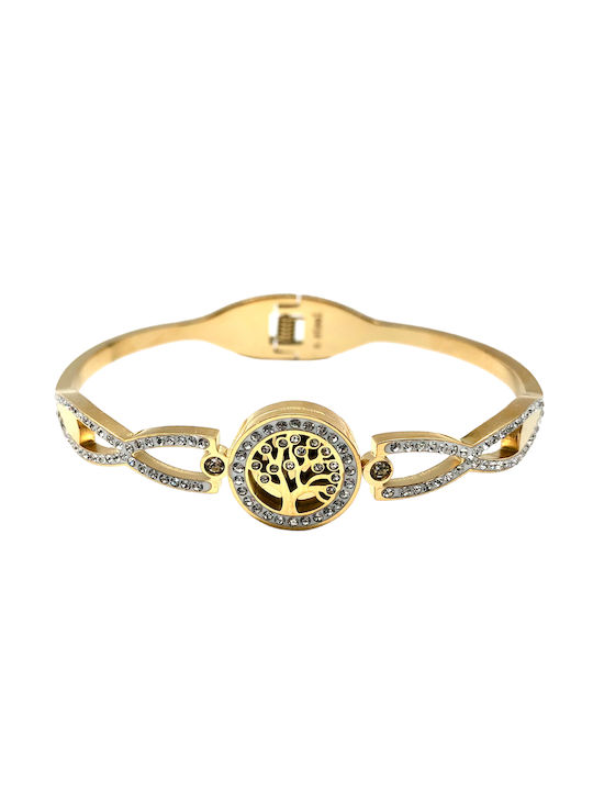 Women's steel handcuff with white crystals in gold color.